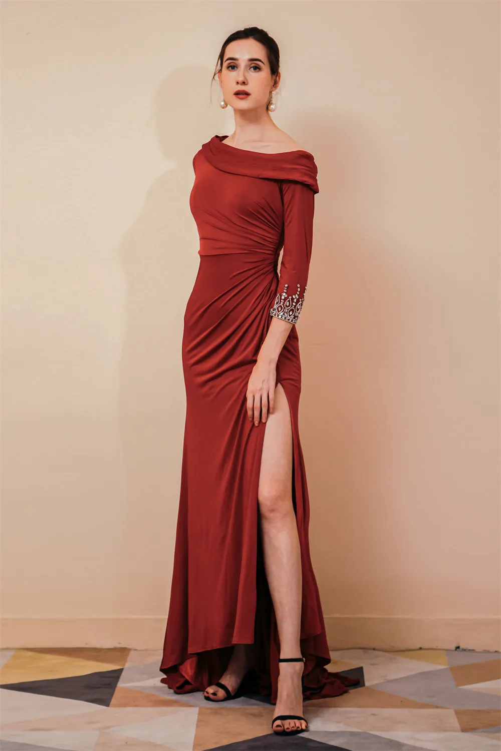 Burgundy Long sleeves Jersey Unique neckline Evening Dress