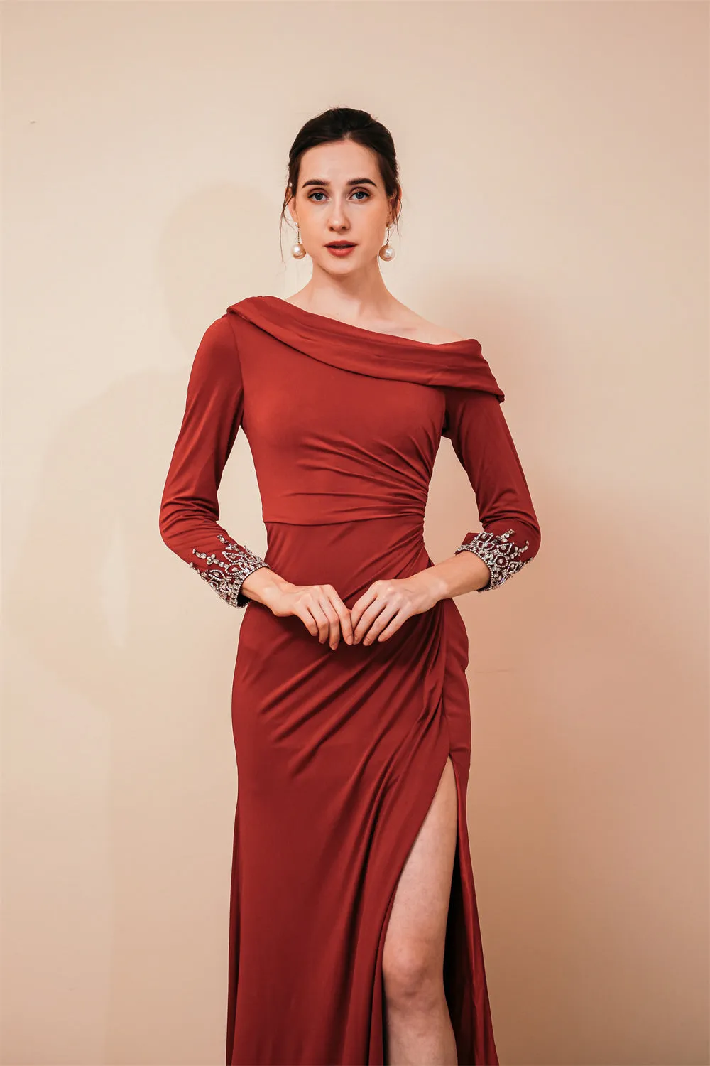 Burgundy Long sleeves Jersey Unique neckline Evening Dress
