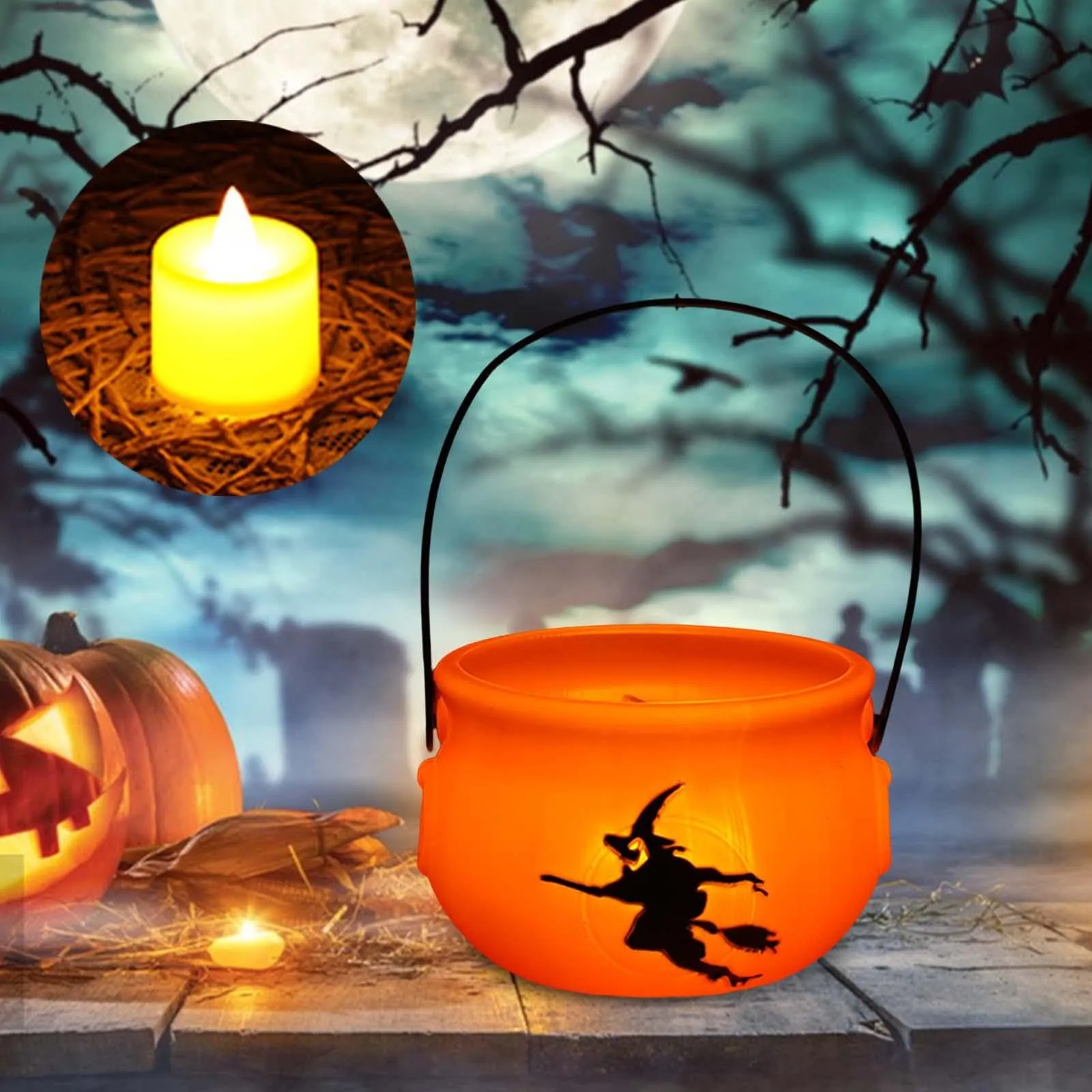 CALANDIS® Halloween Pumpkin Buckets Candy Basket Candy Bucket for Gift Box Props Decor Electronic Candle