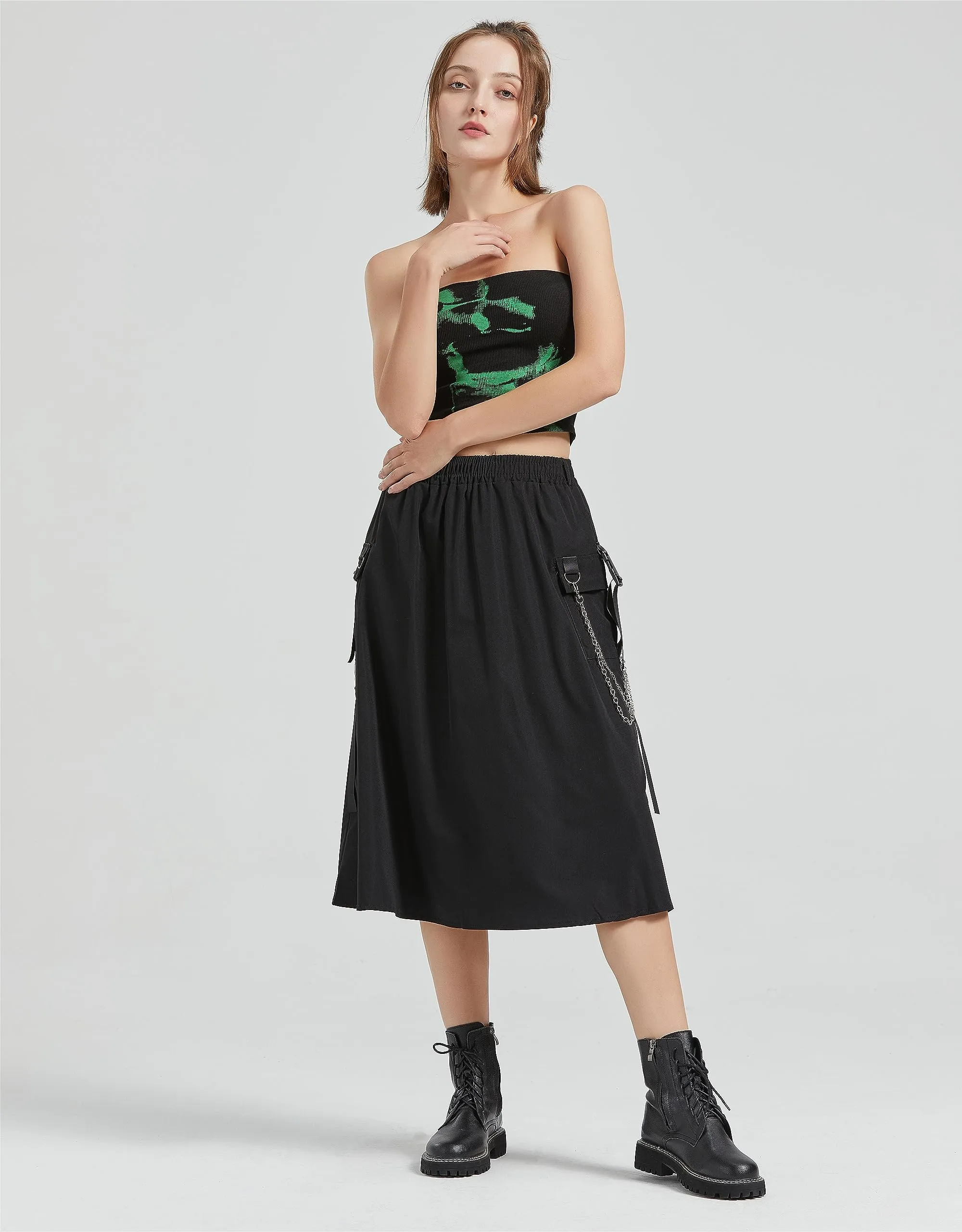 Cargo Skirt Women's Gothic Skirt Elastic Waist Pleated A-Line Knee Length Skirt with Pocket and Chain