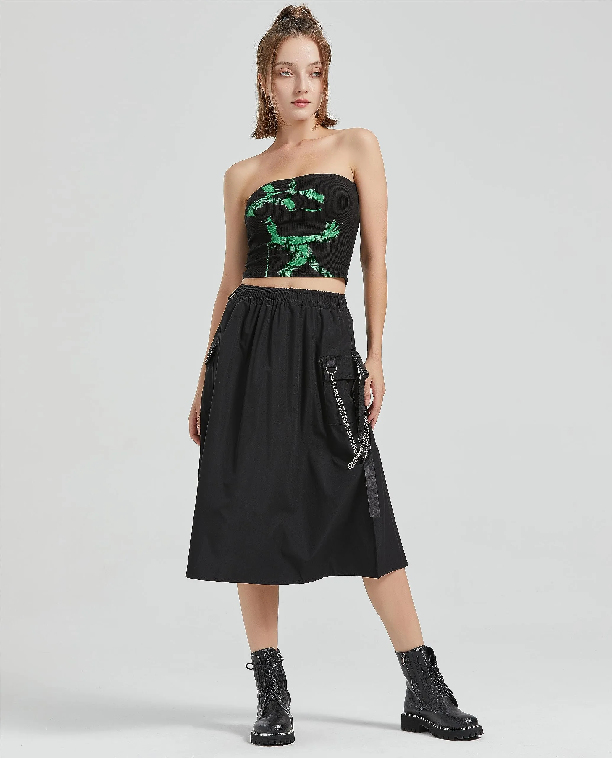Cargo Skirt Women's Gothic Skirt Elastic Waist Pleated A-Line Knee Length Skirt with Pocket and Chain