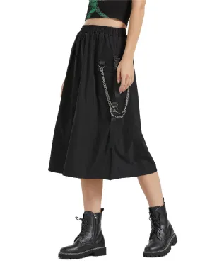 Cargo Skirt Women's Gothic Skirt Elastic Waist Pleated A-Line Knee Length Skirt with Pocket and Chain
