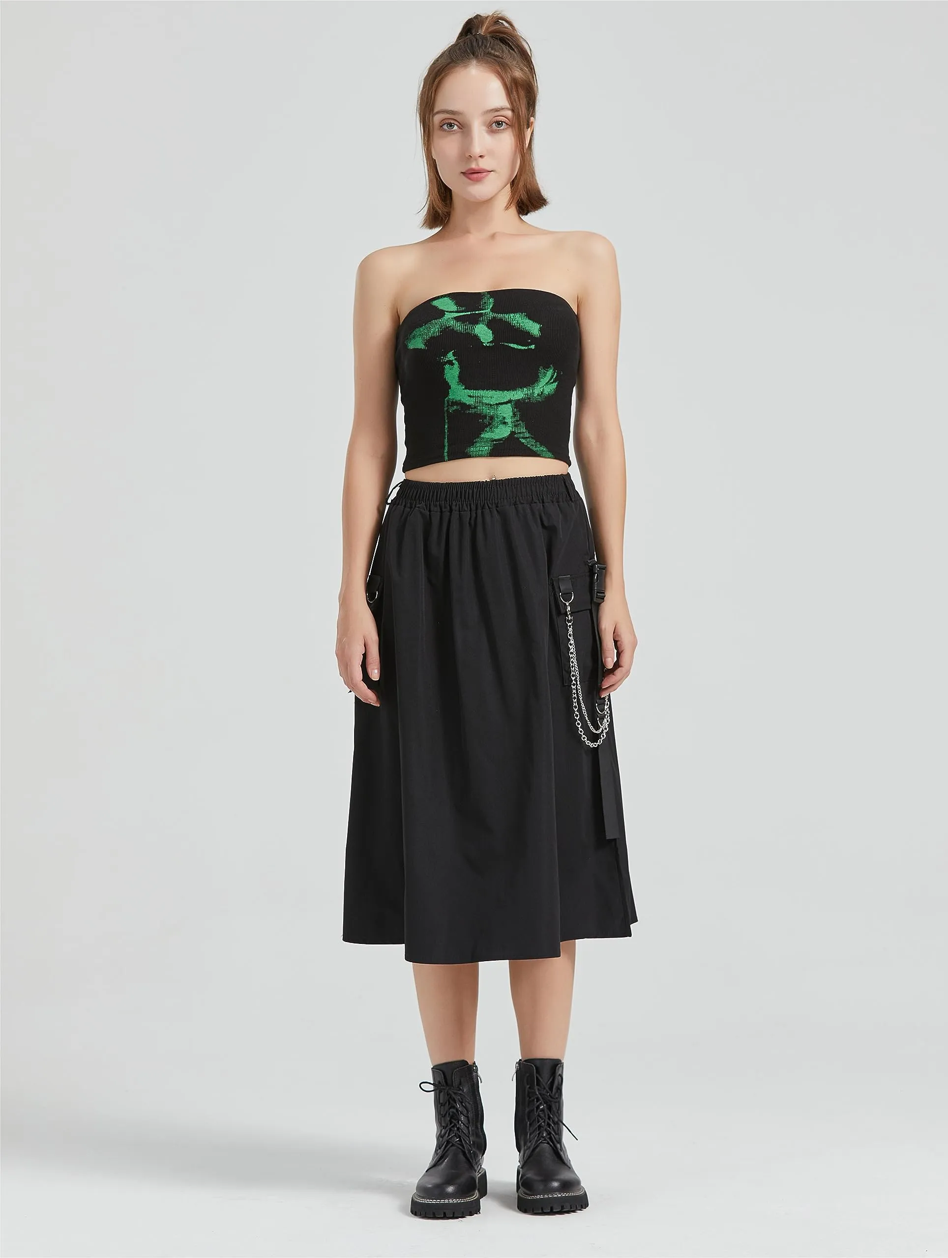Cargo Skirt Women's Gothic Skirt Elastic Waist Pleated A-Line Knee Length Skirt with Pocket and Chain