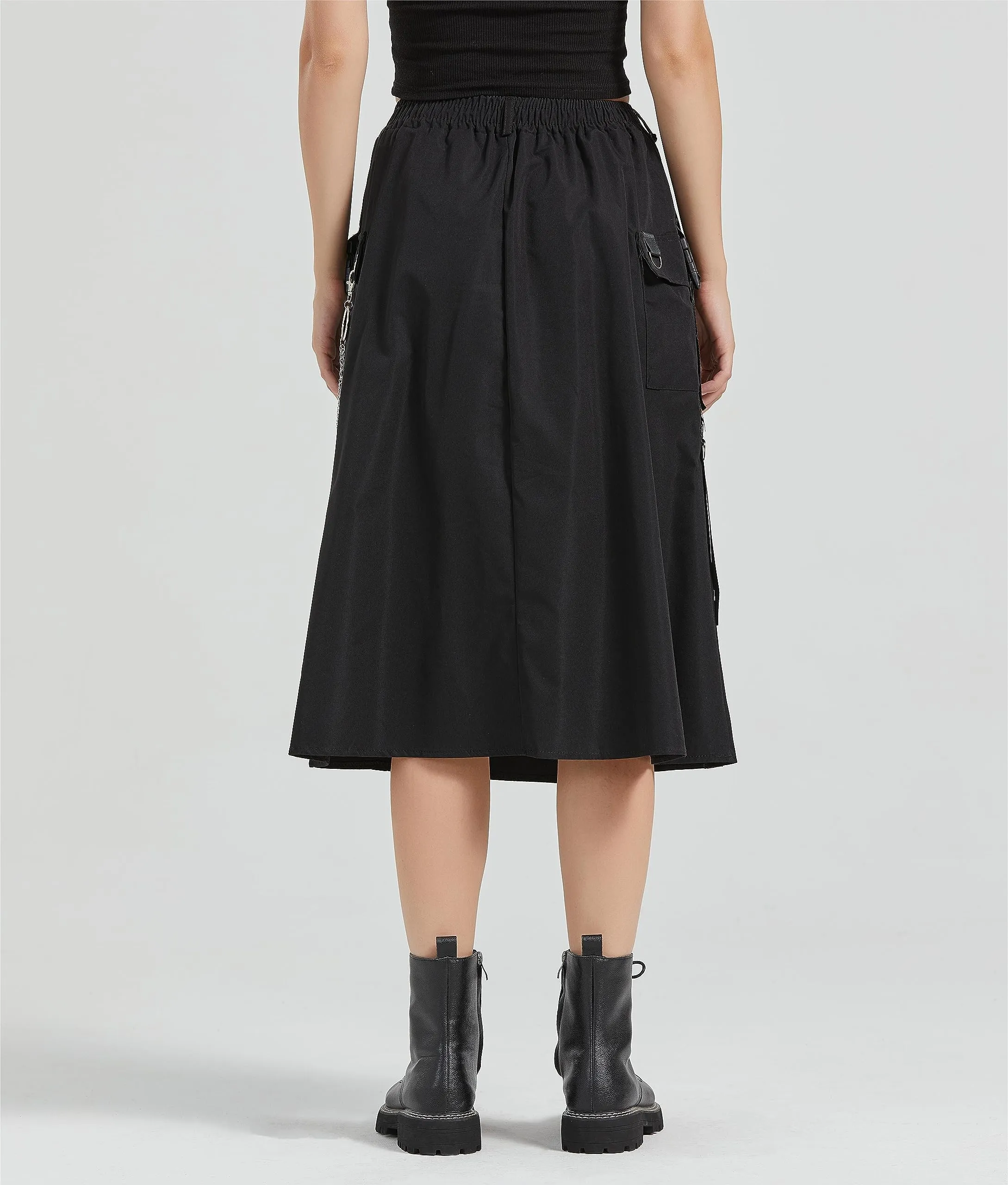 Cargo Skirt Women's Gothic Skirt Elastic Waist Pleated A-Line Knee Length Skirt with Pocket and Chain
