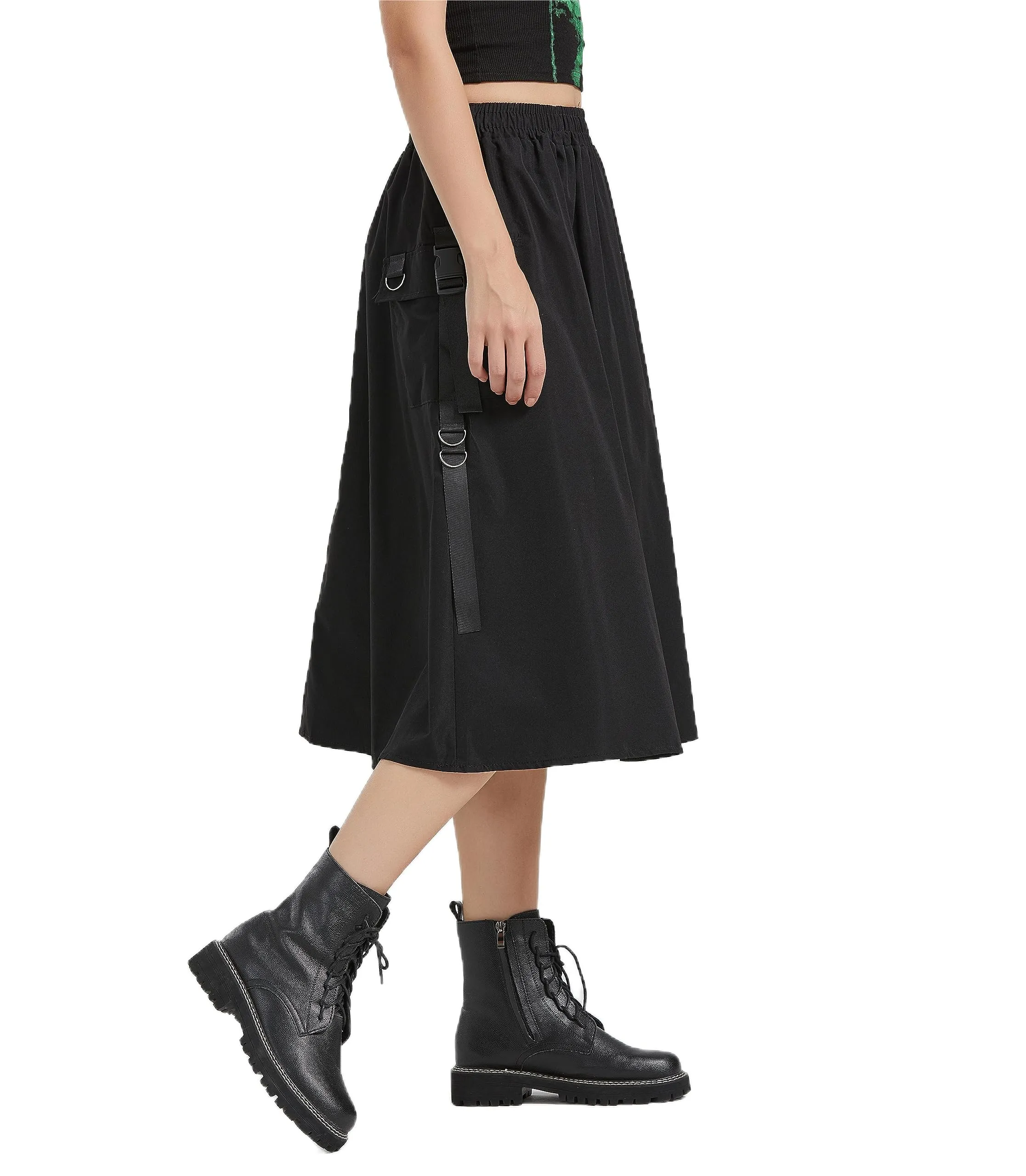 Cargo Skirt Women's Gothic Skirt Elastic Waist Pleated A-Line Knee Length Skirt with Pocket and Chain