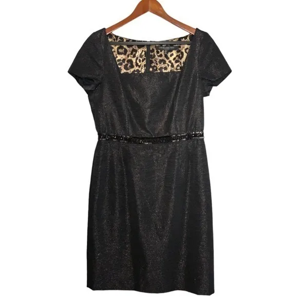 Carmen Marc Valvo Black Ribbed Metallic Square Neck Cap Sleeve Short Dress Sz 10