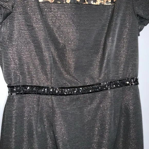Carmen Marc Valvo Black Ribbed Metallic Square Neck Cap Sleeve Short Dress Sz 10