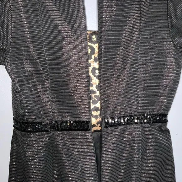 Carmen Marc Valvo Black Ribbed Metallic Square Neck Cap Sleeve Short Dress Sz 10