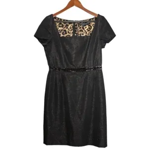 Carmen Marc Valvo Black Ribbed Metallic Square Neck Cap Sleeve Short Dress Sz 10