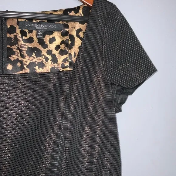 Carmen Marc Valvo Black Ribbed Metallic Square Neck Cap Sleeve Short Dress Sz 10
