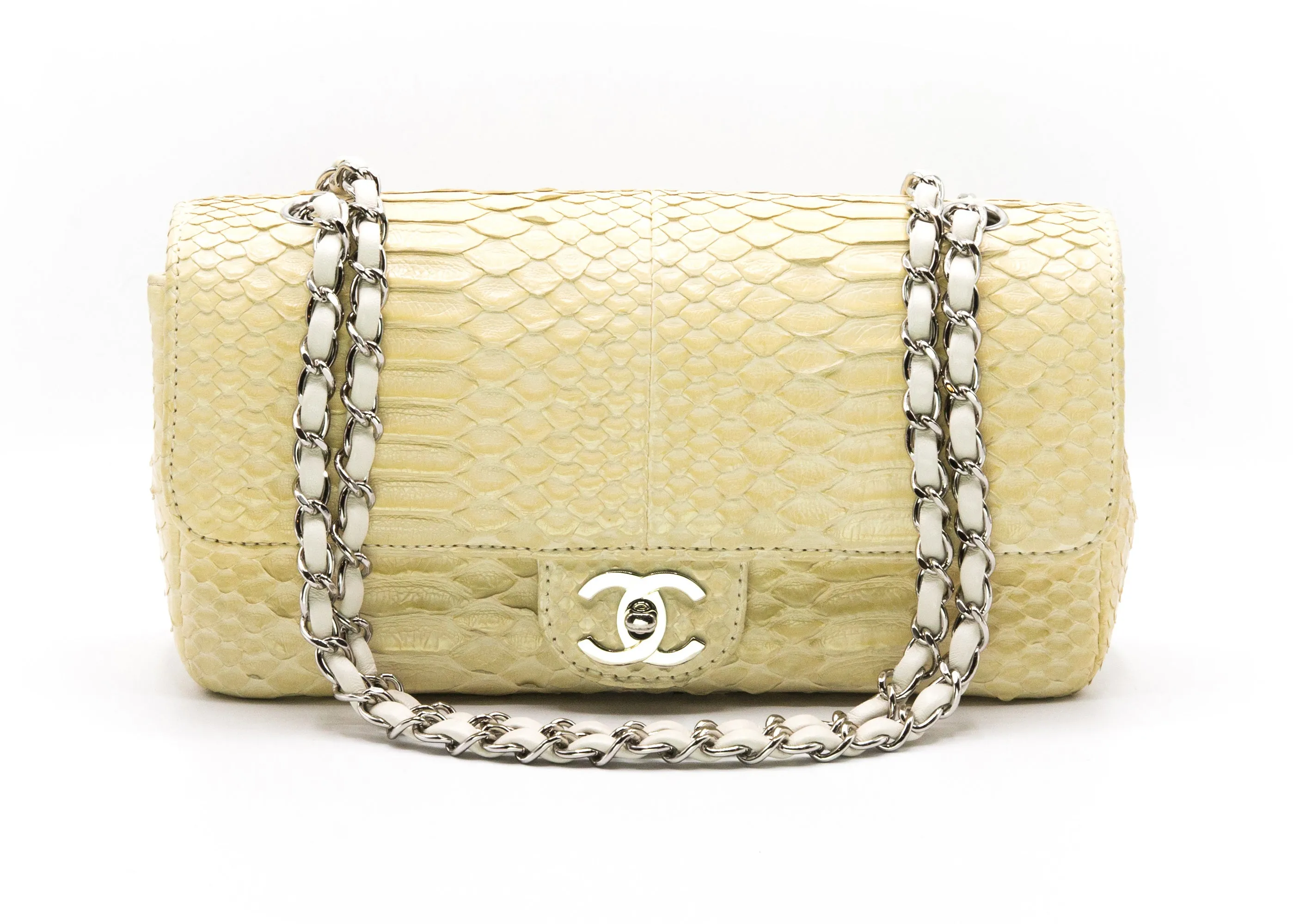 Chanel Bone White Python 2.55 10” Single Flap Bag