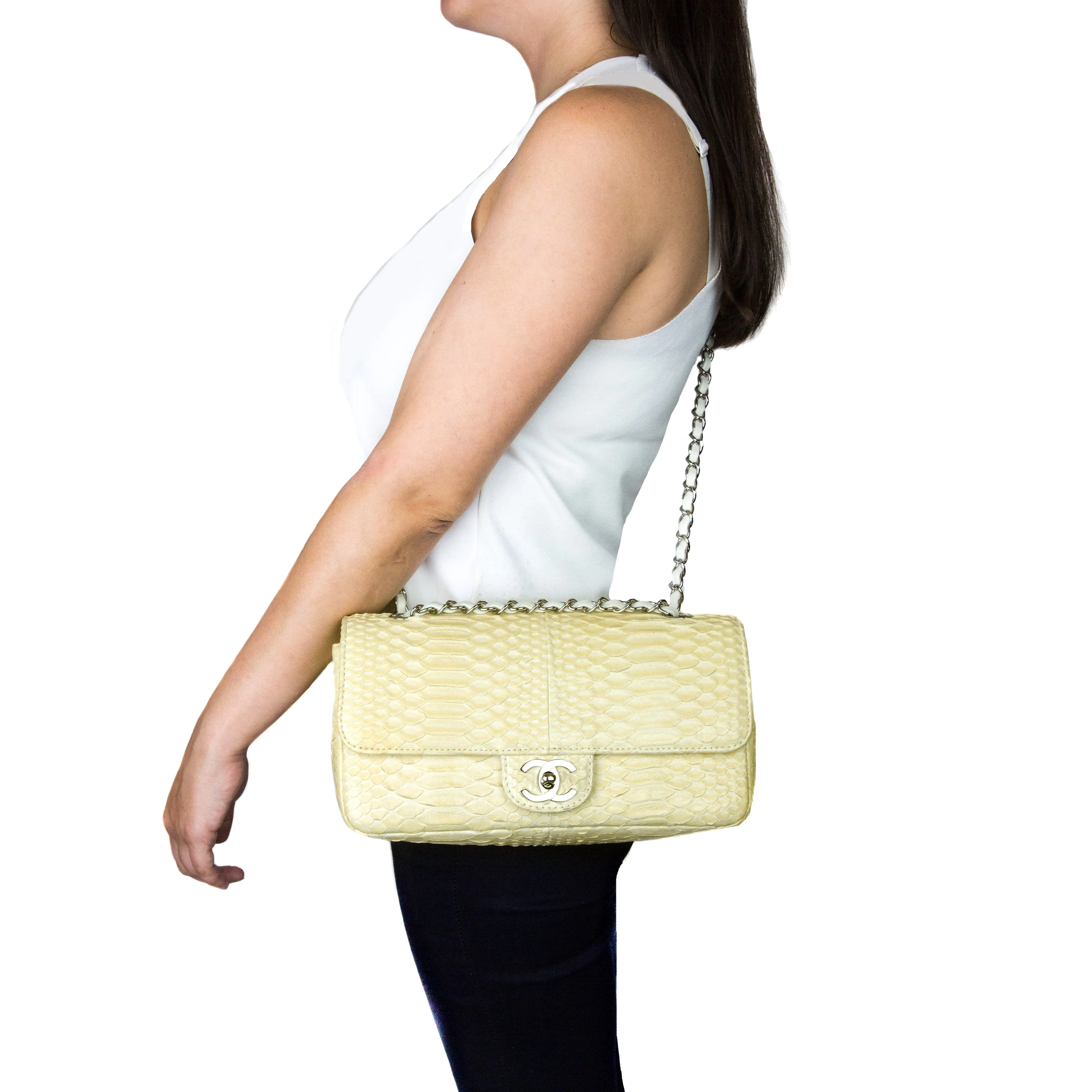 Chanel Bone White Python 2.55 10” Single Flap Bag