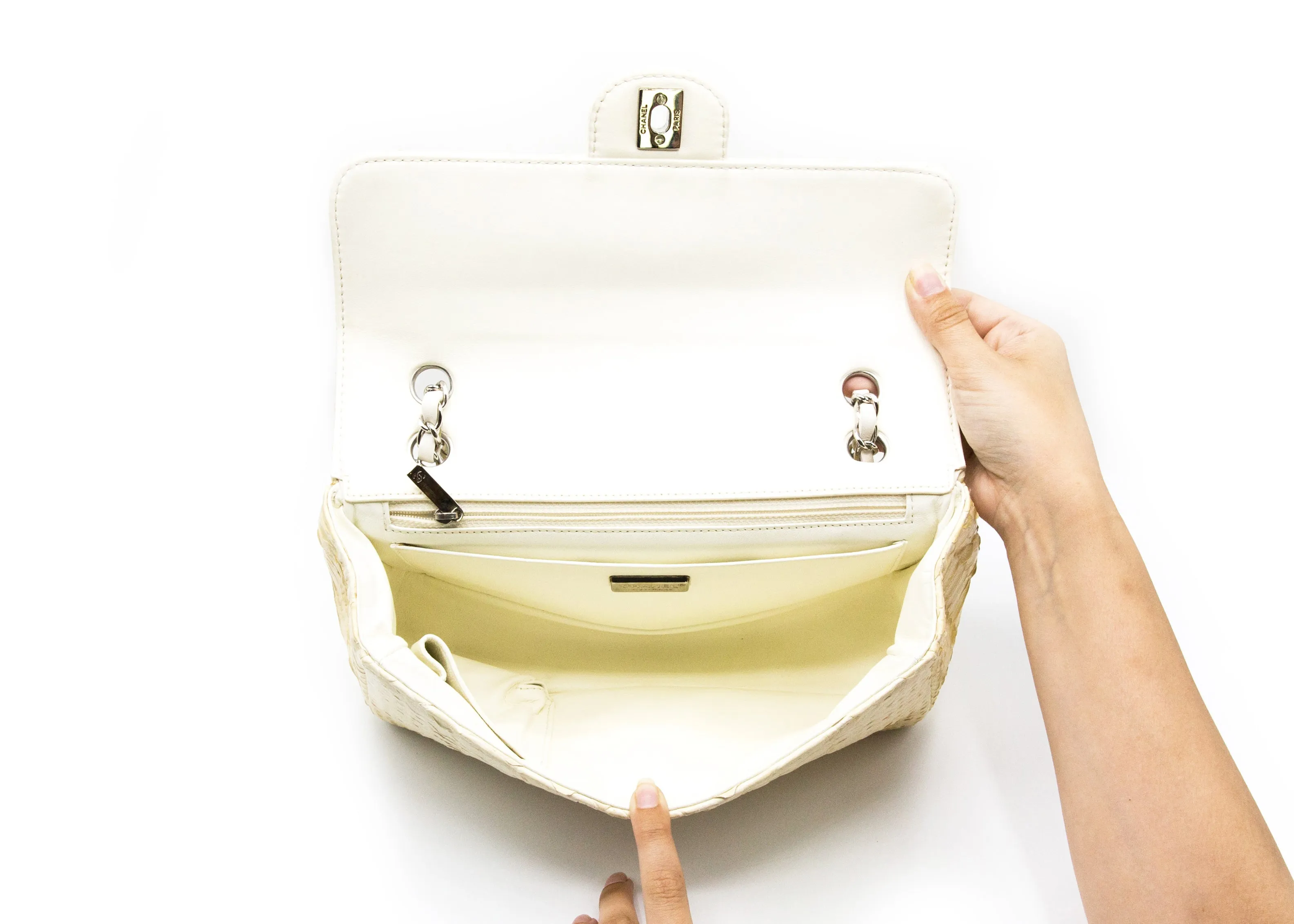 Chanel Bone White Python 2.55 10” Single Flap Bag