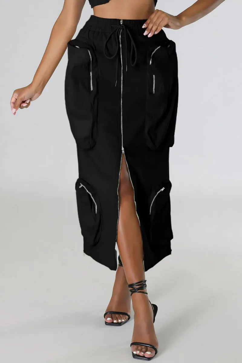 Chouyatou Women's Vintage 90s Drawstring Stretchy Zipper Muti-Pockets Pencil Long Cargo Skirt