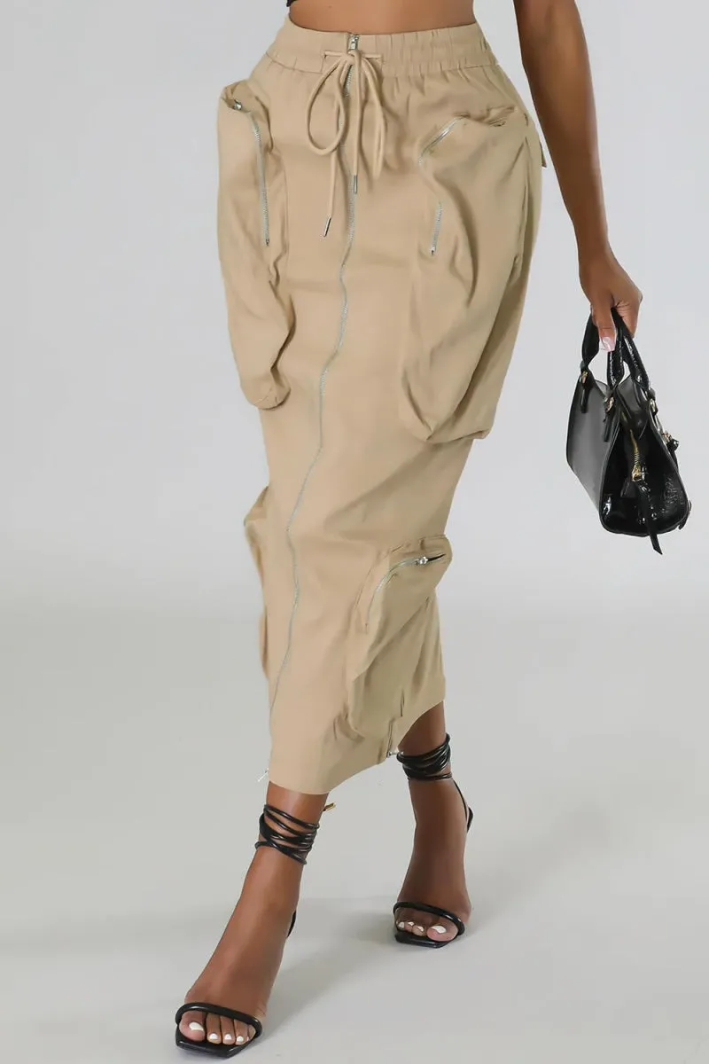Chouyatou Women's Vintage 90s Drawstring Stretchy Zipper Muti-Pockets Pencil Long Cargo Skirt