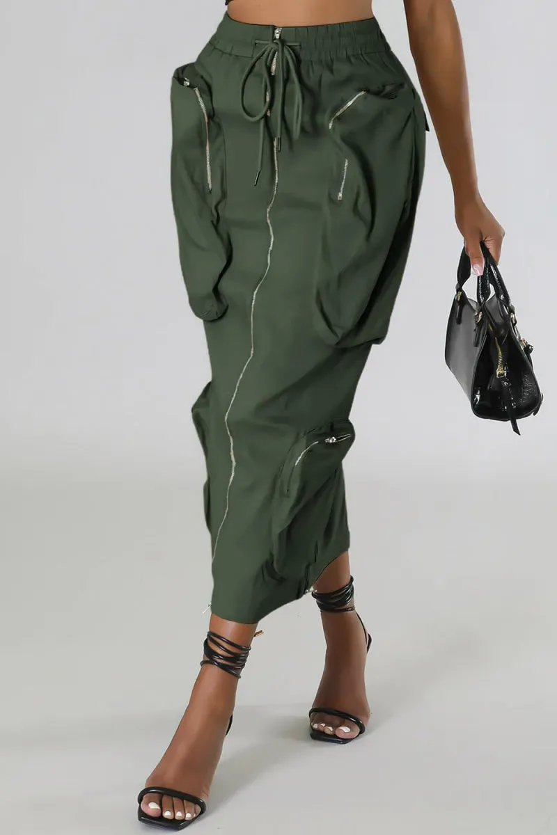 Chouyatou Women's Vintage 90s Drawstring Stretchy Zipper Muti-Pockets Pencil Long Cargo Skirt