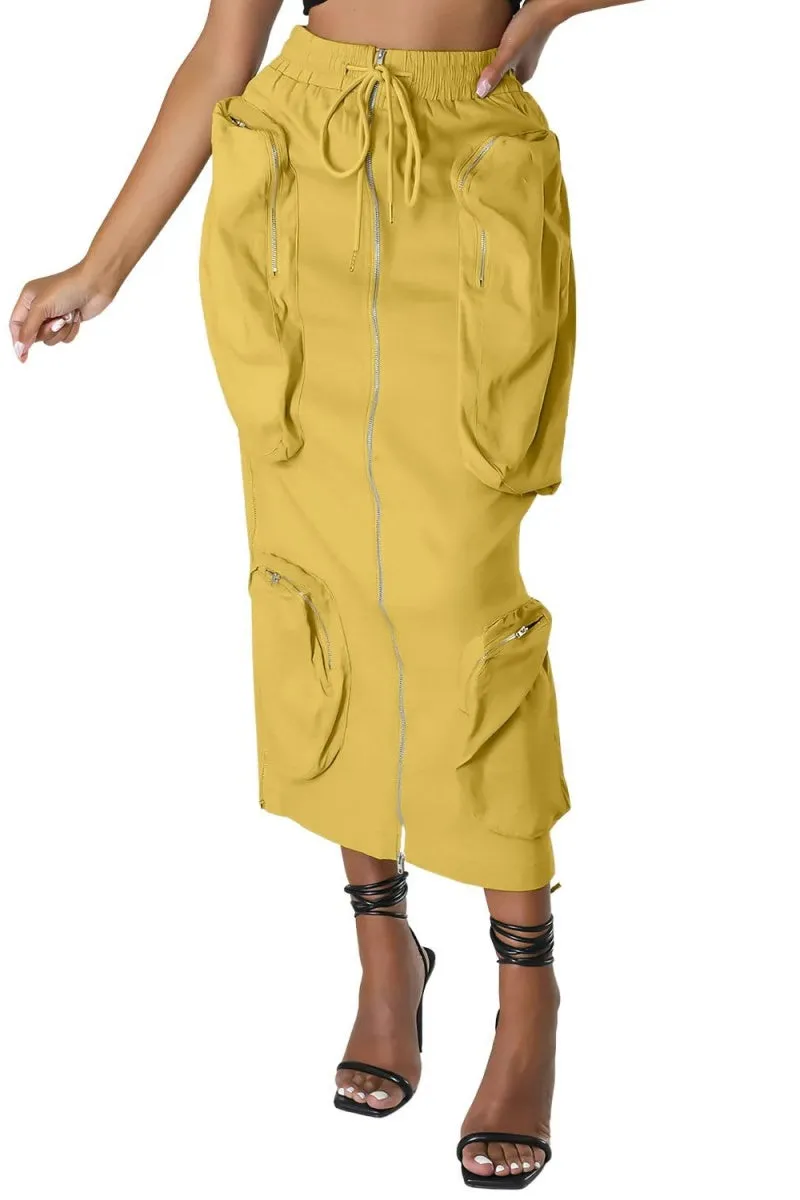 Chouyatou Women's Vintage 90s Drawstring Stretchy Zipper Muti-Pockets Pencil Long Cargo Skirt