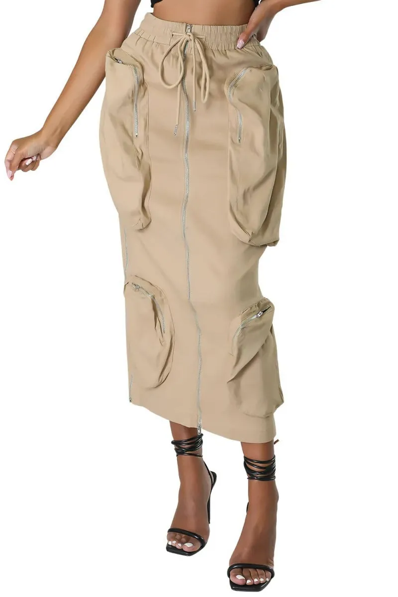 Chouyatou Women's Vintage 90s Drawstring Stretchy Zipper Muti-Pockets Pencil Long Cargo Skirt