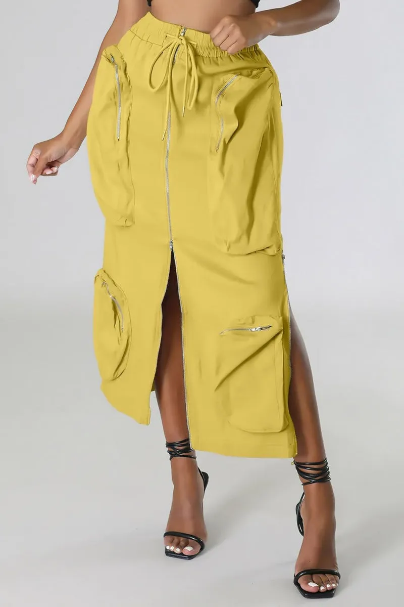 Chouyatou Women's Vintage 90s Drawstring Stretchy Zipper Muti-Pockets Pencil Long Cargo Skirt