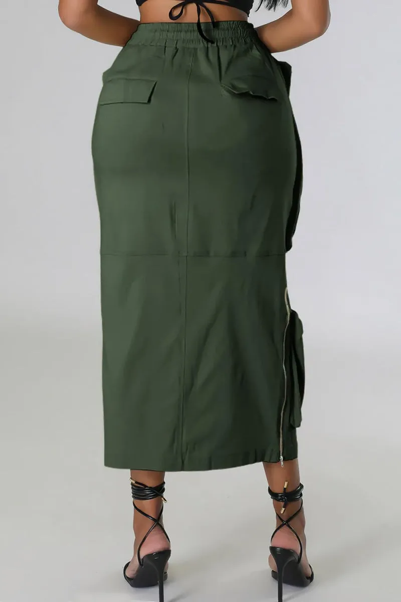 Chouyatou Women's Vintage 90s Drawstring Stretchy Zipper Muti-Pockets Pencil Long Cargo Skirt