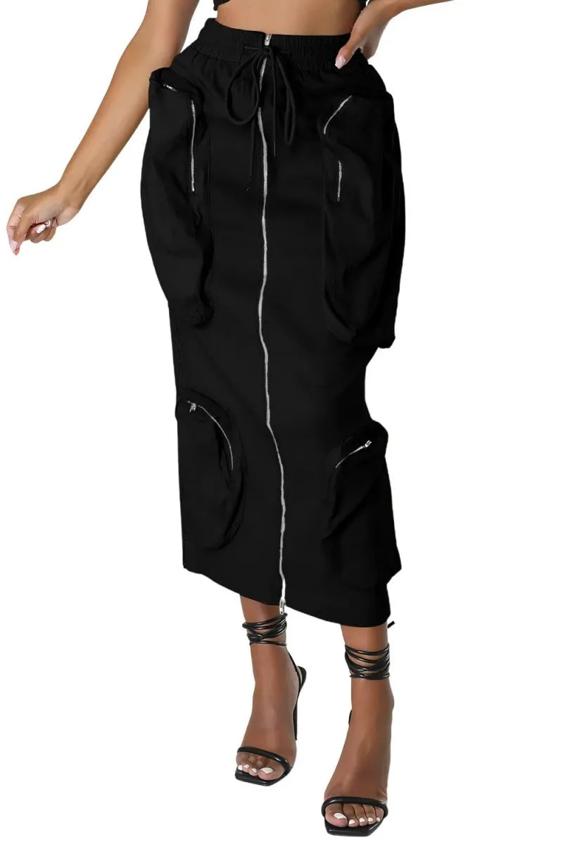 Chouyatou Women's Vintage 90s Drawstring Stretchy Zipper Muti-Pockets Pencil Long Cargo Skirt