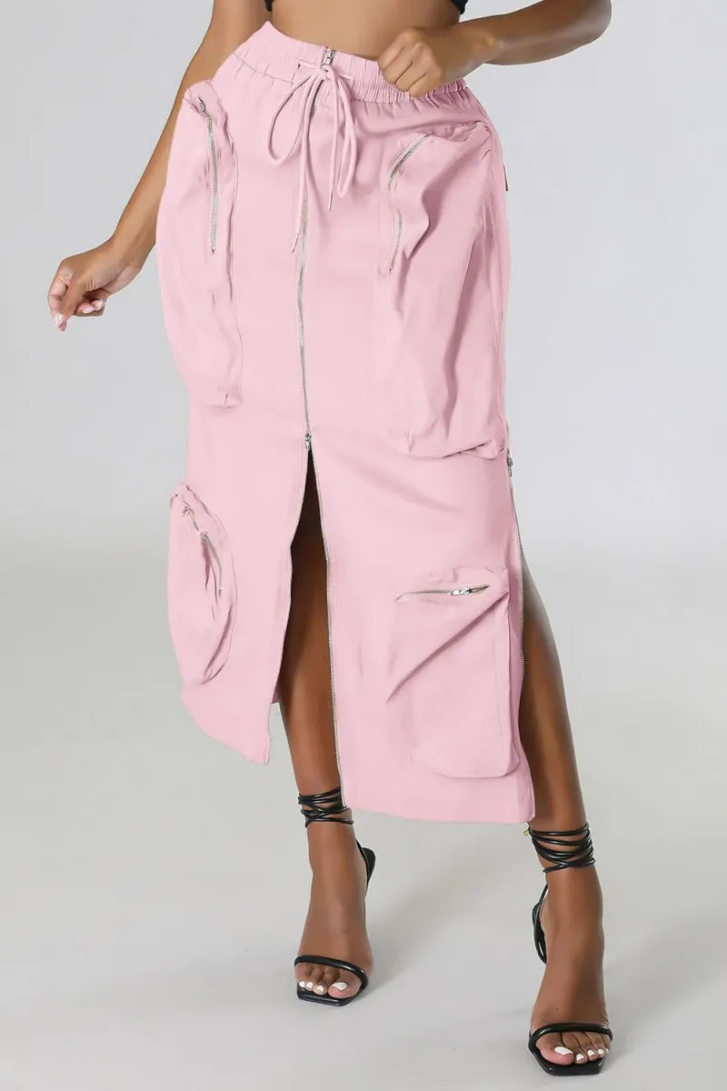 Chouyatou Women's Vintage 90s Drawstring Stretchy Zipper Muti-Pockets Pencil Long Cargo Skirt