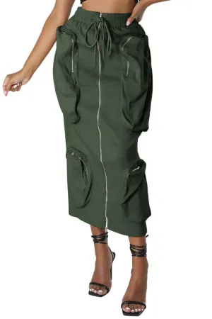 Chouyatou Women's Vintage 90s Drawstring Stretchy Zipper Muti-Pockets Pencil Long Cargo Skirt