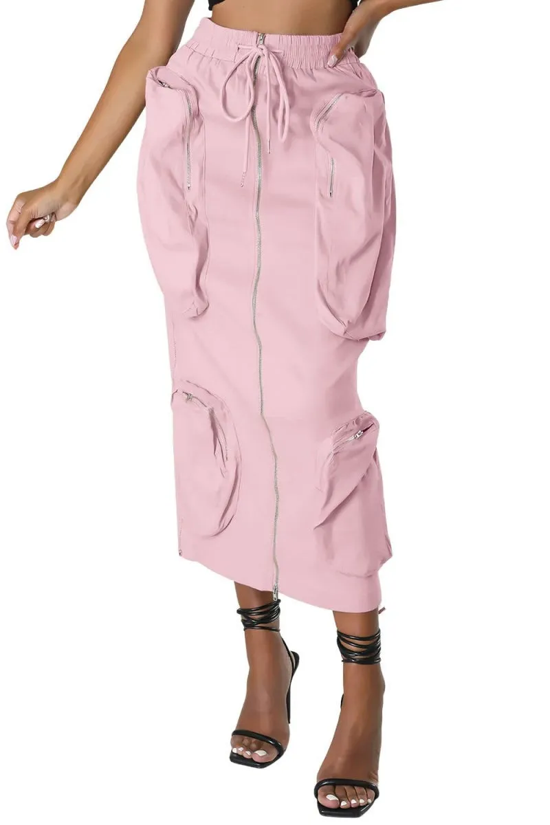 Chouyatou Women's Vintage 90s Drawstring Stretchy Zipper Muti-Pockets Pencil Long Cargo Skirt