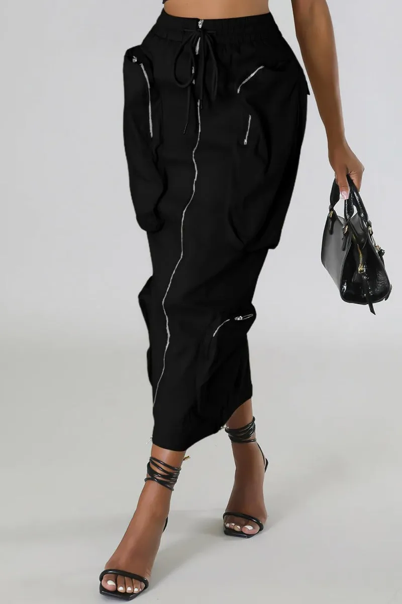 Chouyatou Women's Vintage 90s Drawstring Stretchy Zipper Muti-Pockets Pencil Long Cargo Skirt