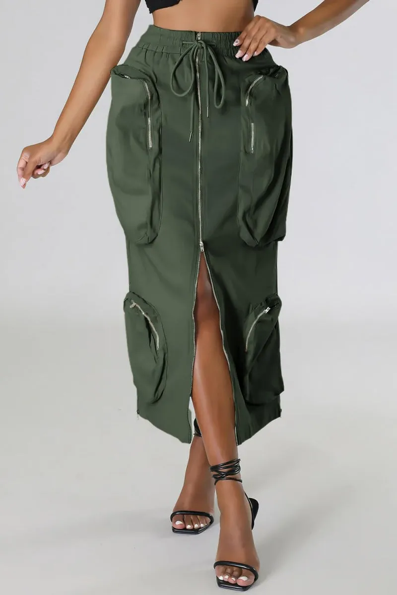 Chouyatou Women's Vintage 90s Drawstring Stretchy Zipper Muti-Pockets Pencil Long Cargo Skirt