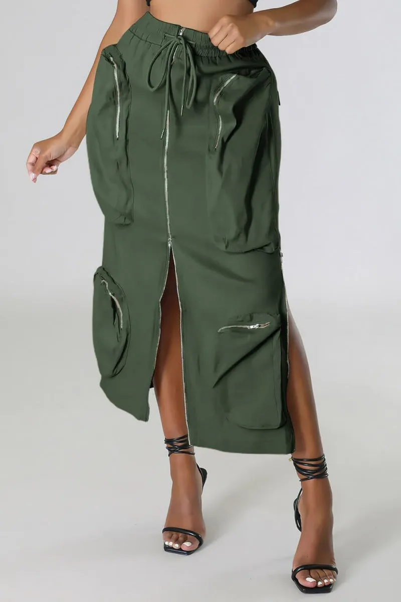 Chouyatou Women's Vintage 90s Drawstring Stretchy Zipper Muti-Pockets Pencil Long Cargo Skirt