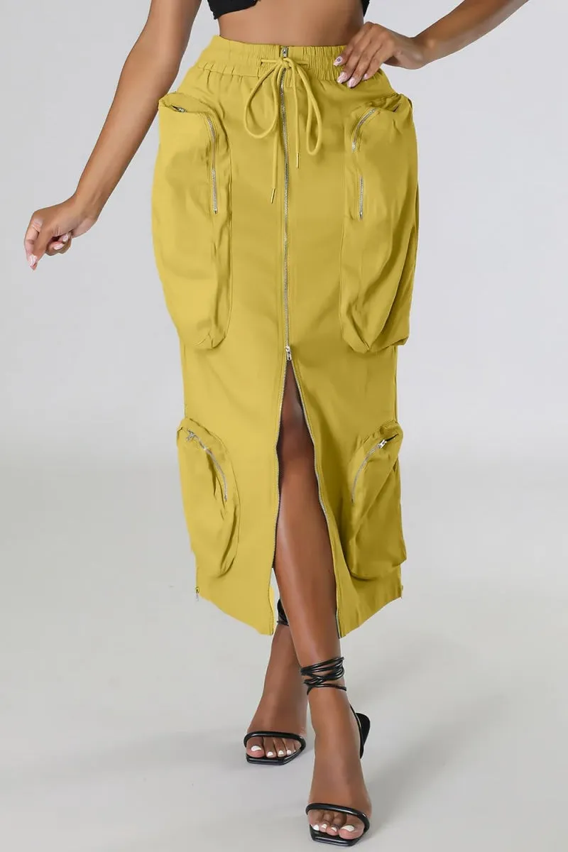 Chouyatou Women's Vintage 90s Drawstring Stretchy Zipper Muti-Pockets Pencil Long Cargo Skirt