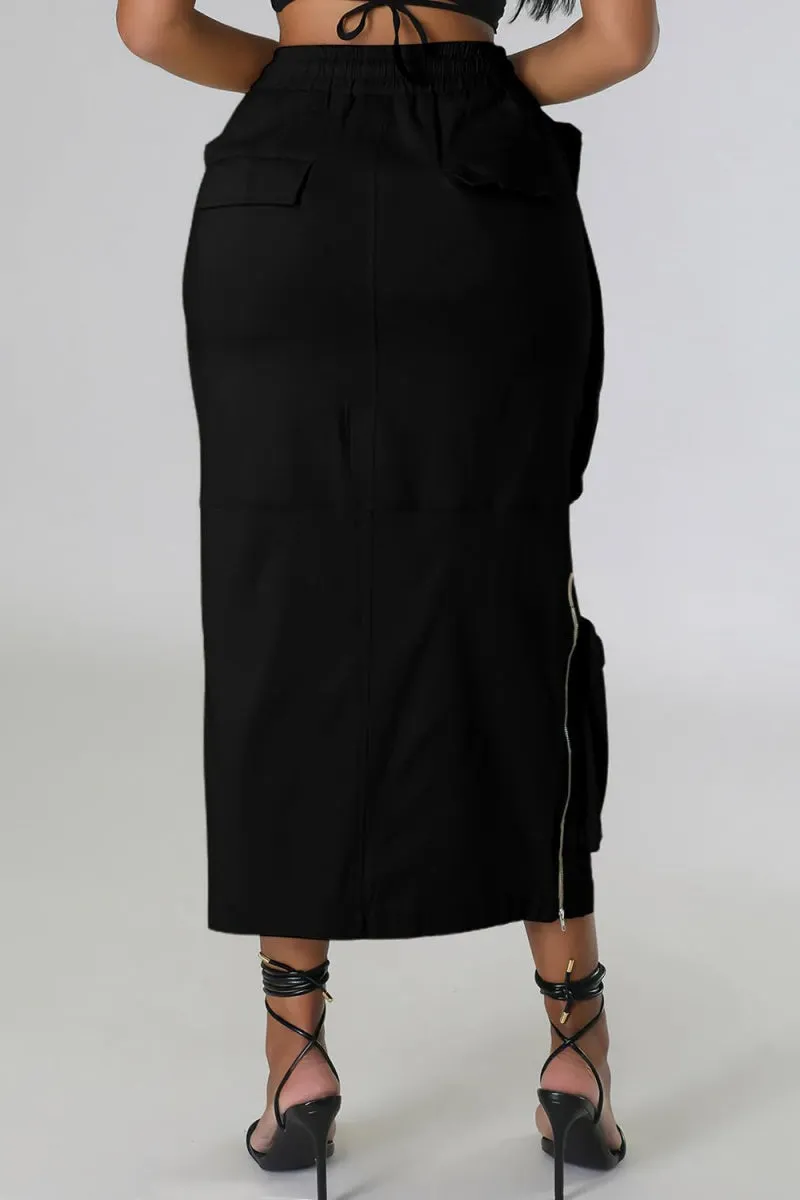 Chouyatou Women's Vintage 90s Drawstring Stretchy Zipper Muti-Pockets Pencil Long Cargo Skirt