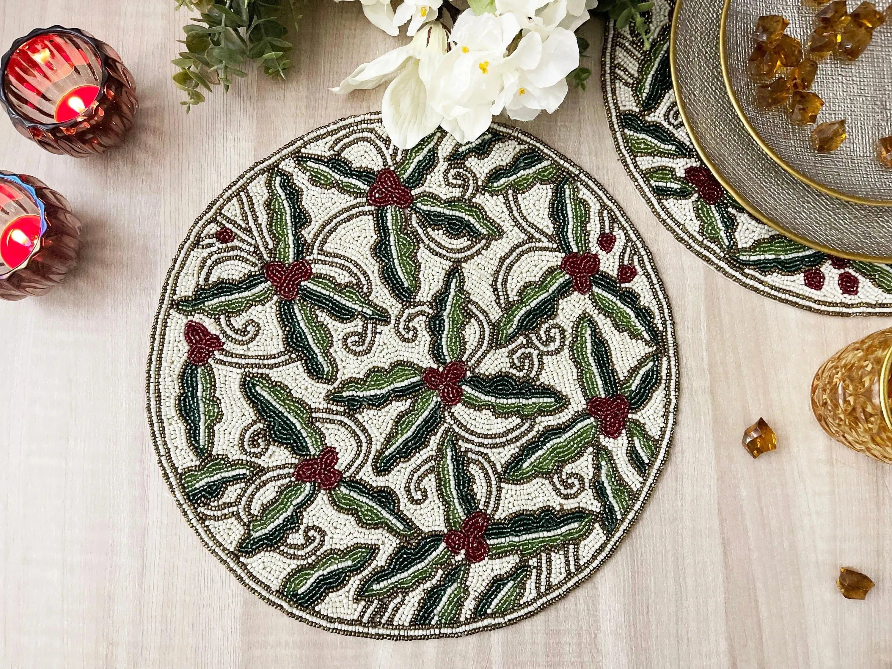 Christmas Floral Round Beaded Placemat