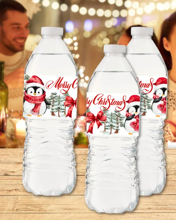 Christmas Penguins Water Bottle Labels