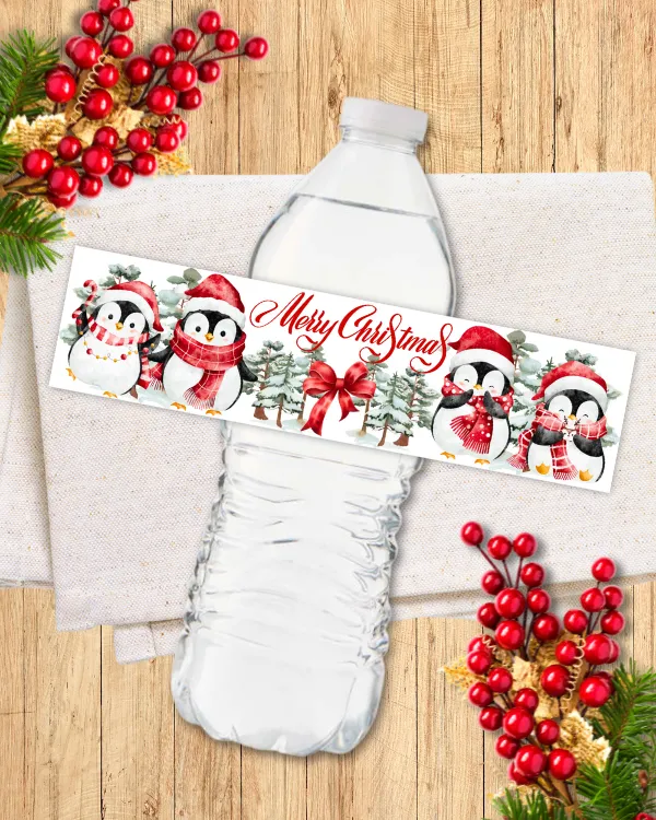 Christmas Penguins Water Bottle Labels