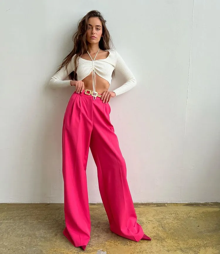 CityHottie - Outfits Trends New Spring Summer Women's Casual Straight Classic Green Black Rose Red High Waist Pants Korean Wide Leg Trousers for Women