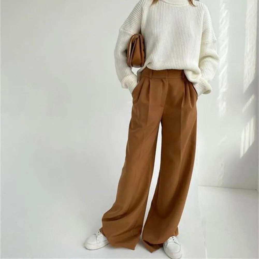 CityHottie - Outfits Trends New Spring Summer Women's Casual Straight Classic Green Black Rose Red High Waist Pants Korean Wide Leg Trousers for Women