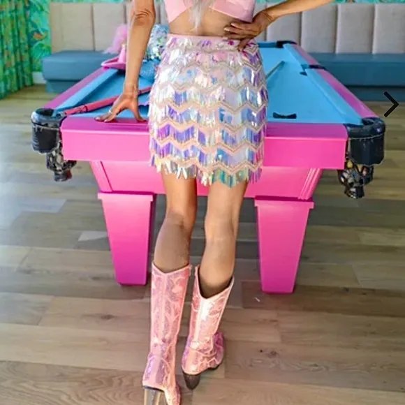Cloud Ten Pink Iridescent Fringe Mini Skirt