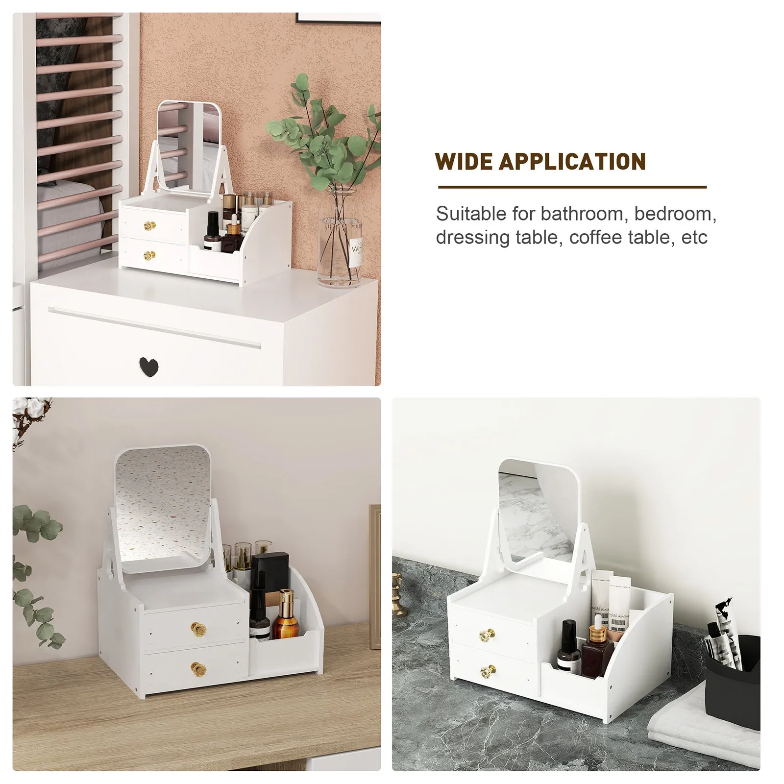 Cosmetics Storage for Vanity with Rotating Mirror, 2 Drawers and Compartment Makeup Storage