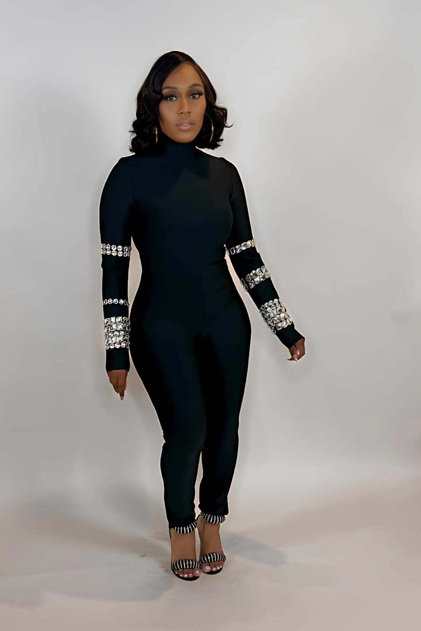 CRYSTAL SLEEVE BANDAGE JUMPSUIT