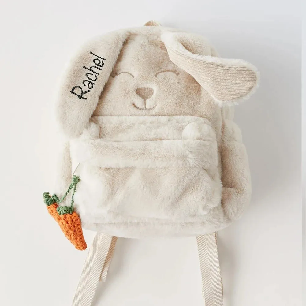 Custom Beige Plush Carrot Bunny Backpack 🐰✨ - Personalized Embroidered Gift Bag for Kids! 🎁