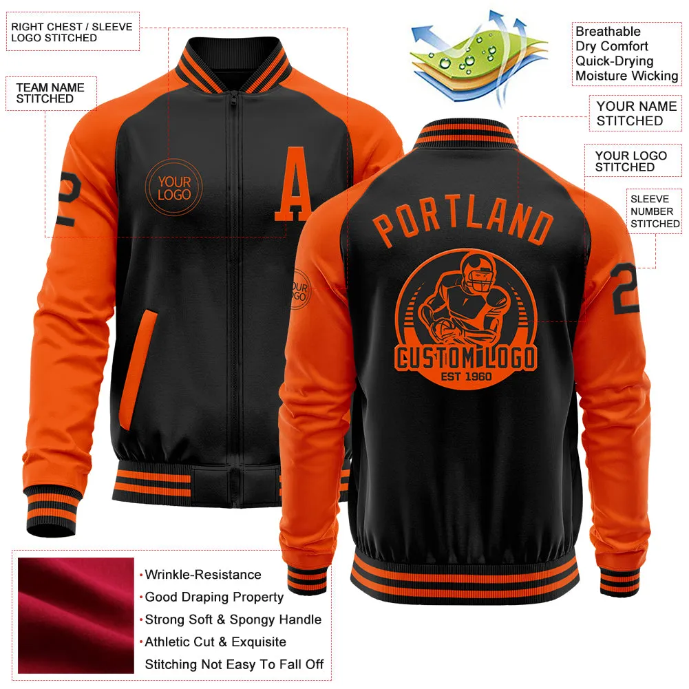 Custom Black Orange Bomber Varsity Letterman Two Tone Zipper Jacket