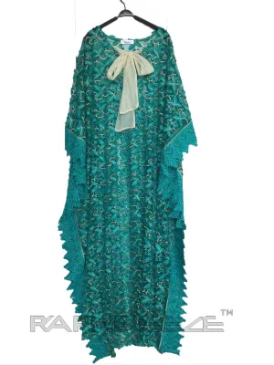Cyan Color Cotton Lace Long Caftan Maxi