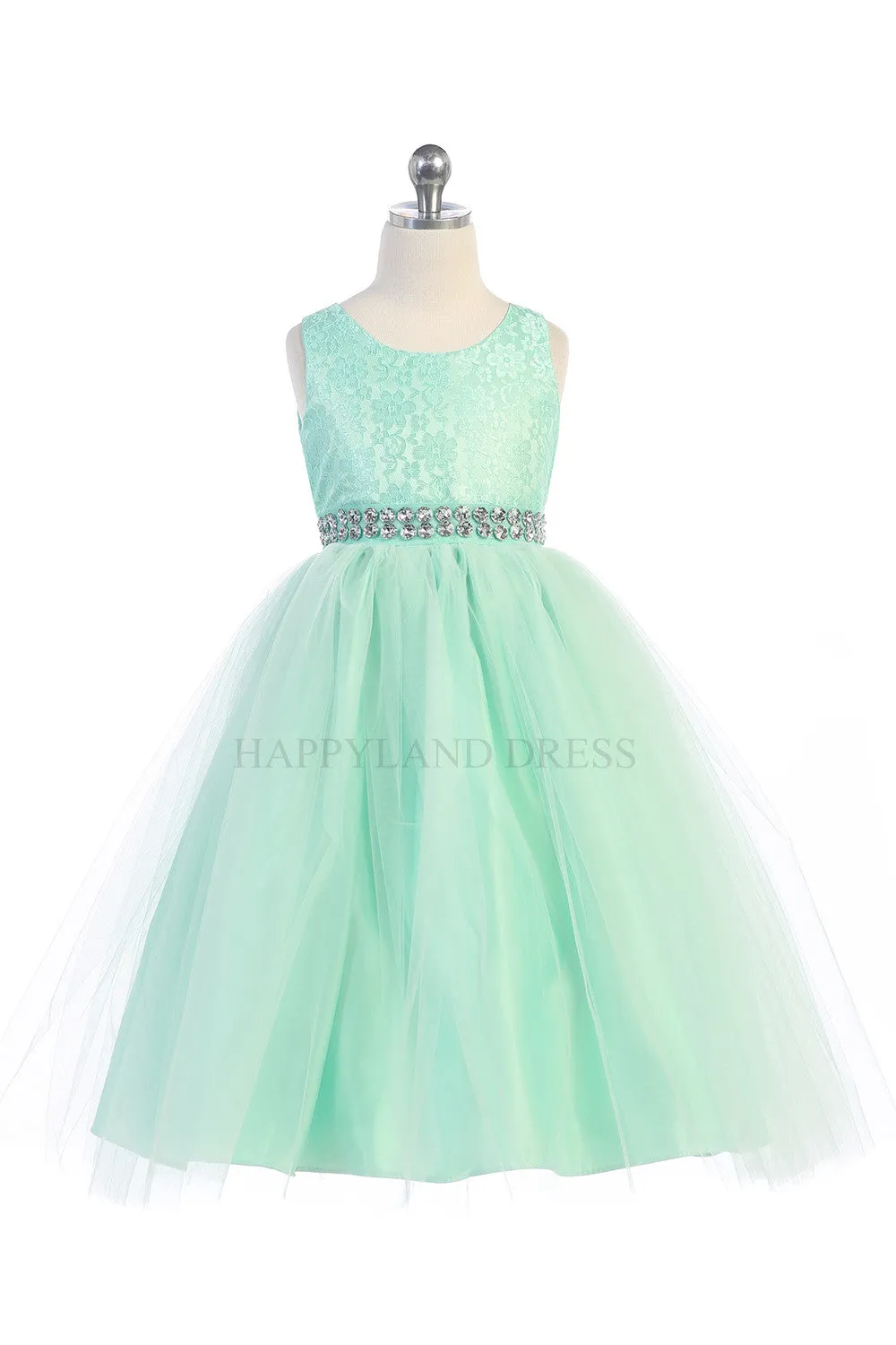 D3245 White Lace & Tulle Dress w/ Rhinestone Belt