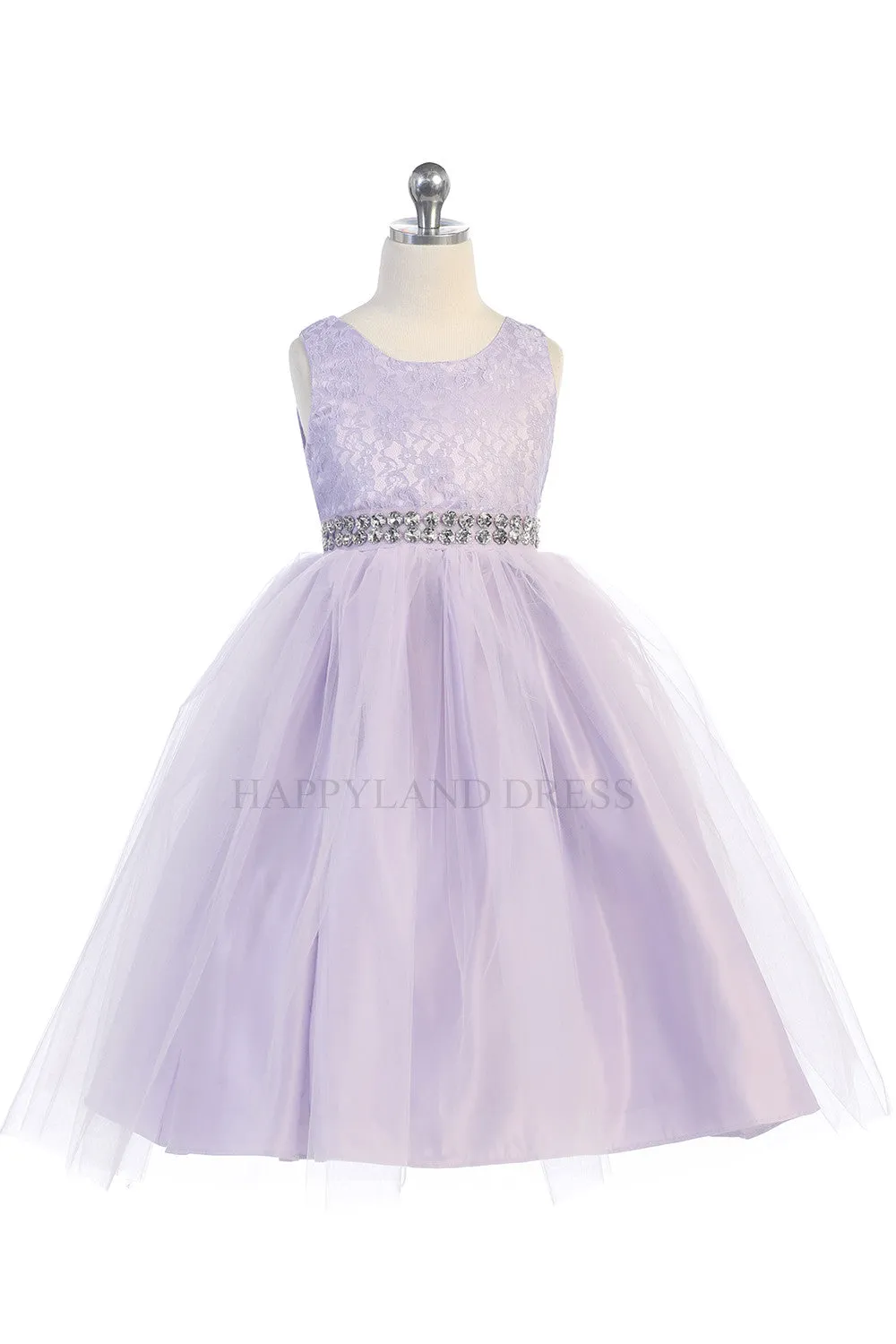 D3245 White Lace & Tulle Dress w/ Rhinestone Belt