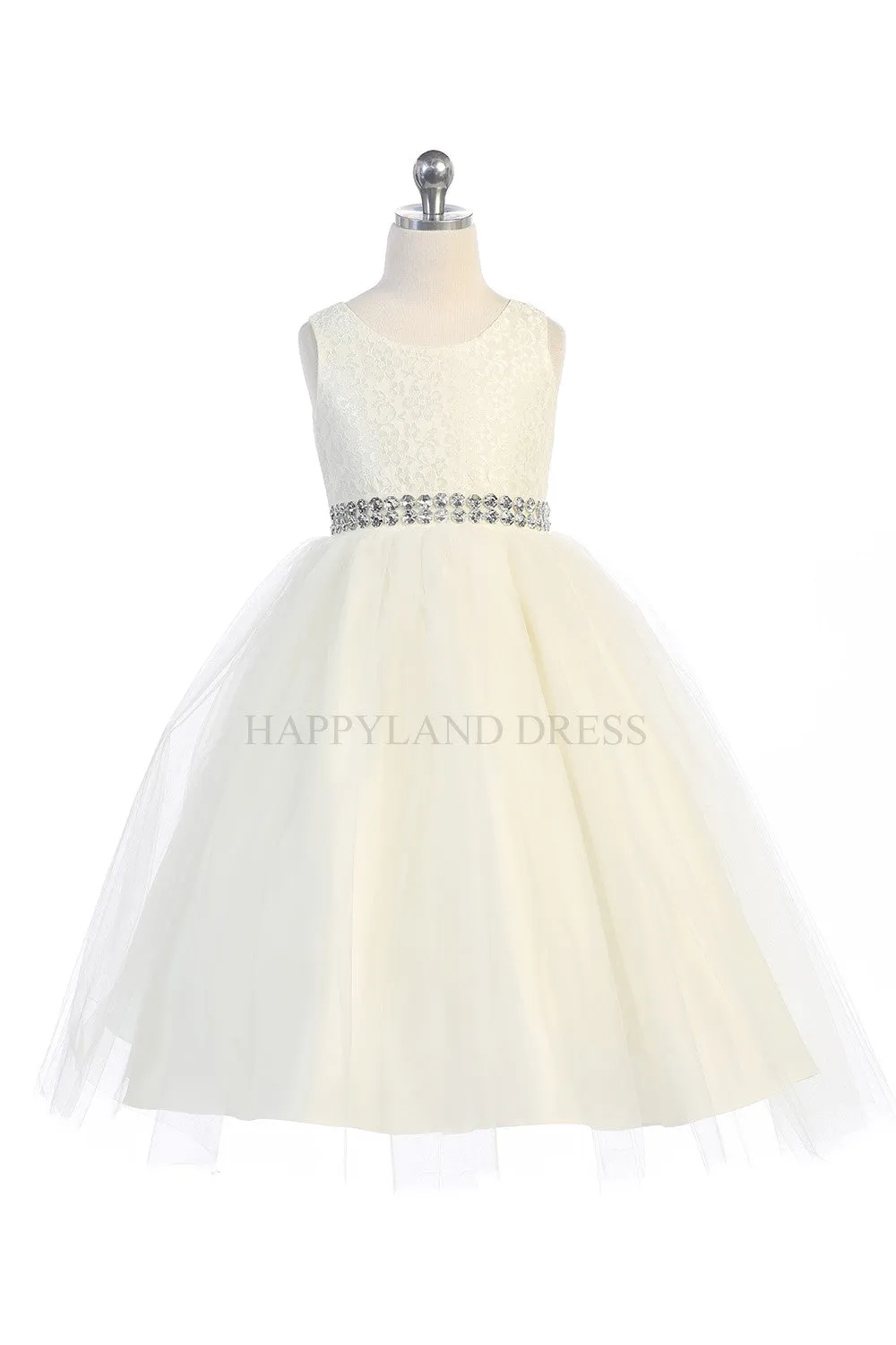 D3245 White Lace & Tulle Dress w/ Rhinestone Belt