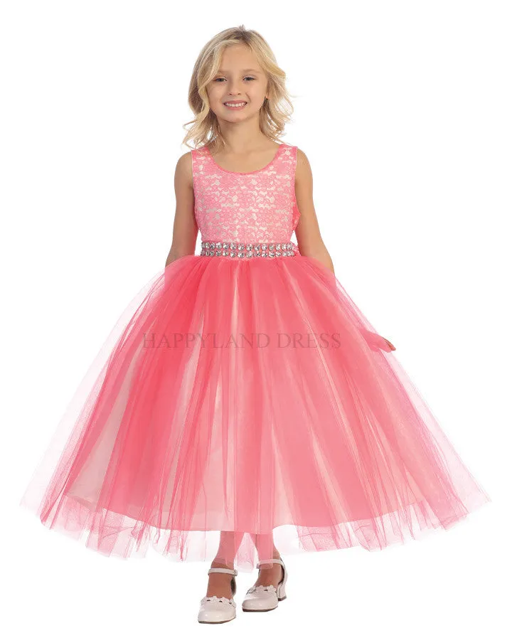 D3245 White Lace & Tulle Dress w/ Rhinestone Belt