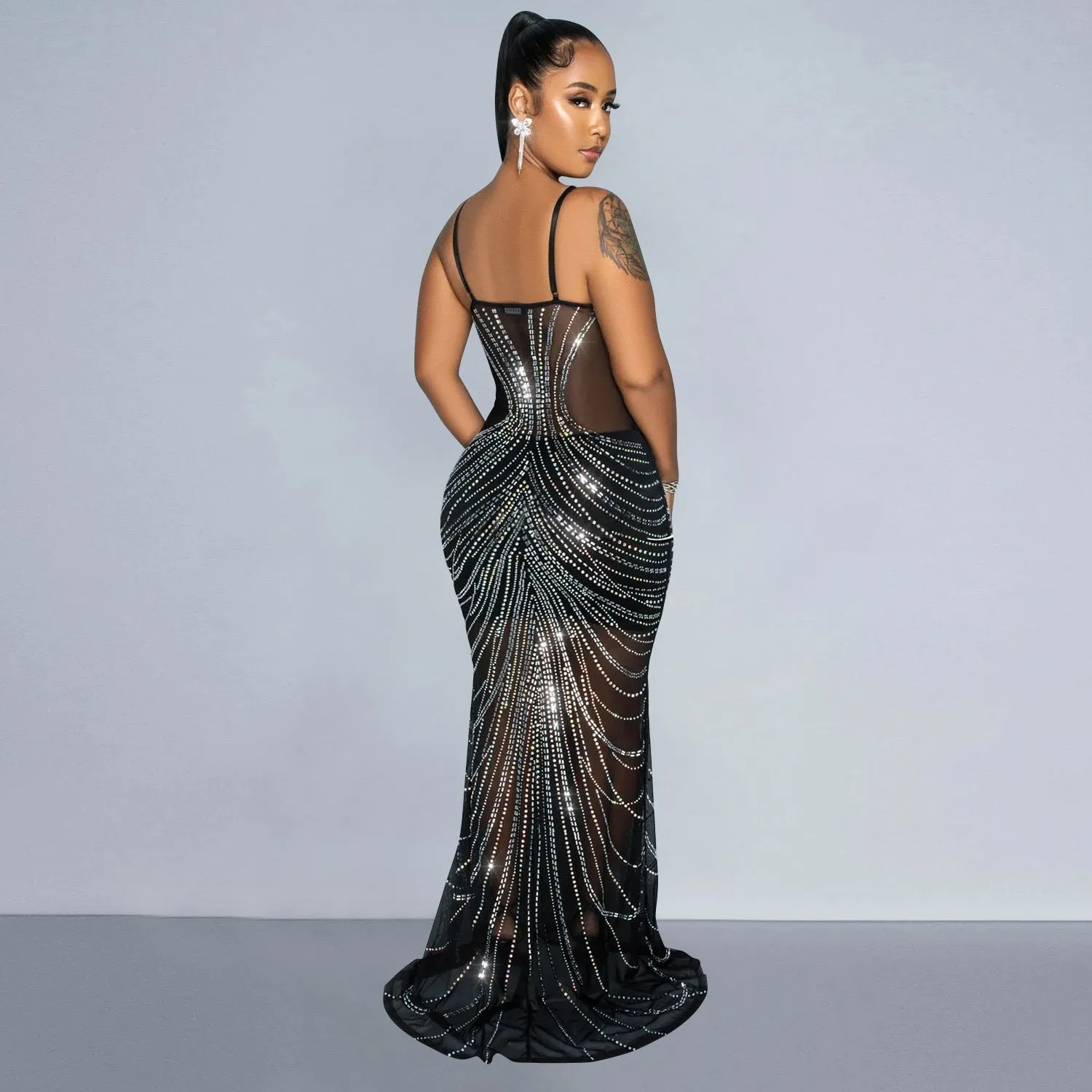Daring Mesh See-Through Beaded Backless Suspender Bodycon Dress for Club Nights