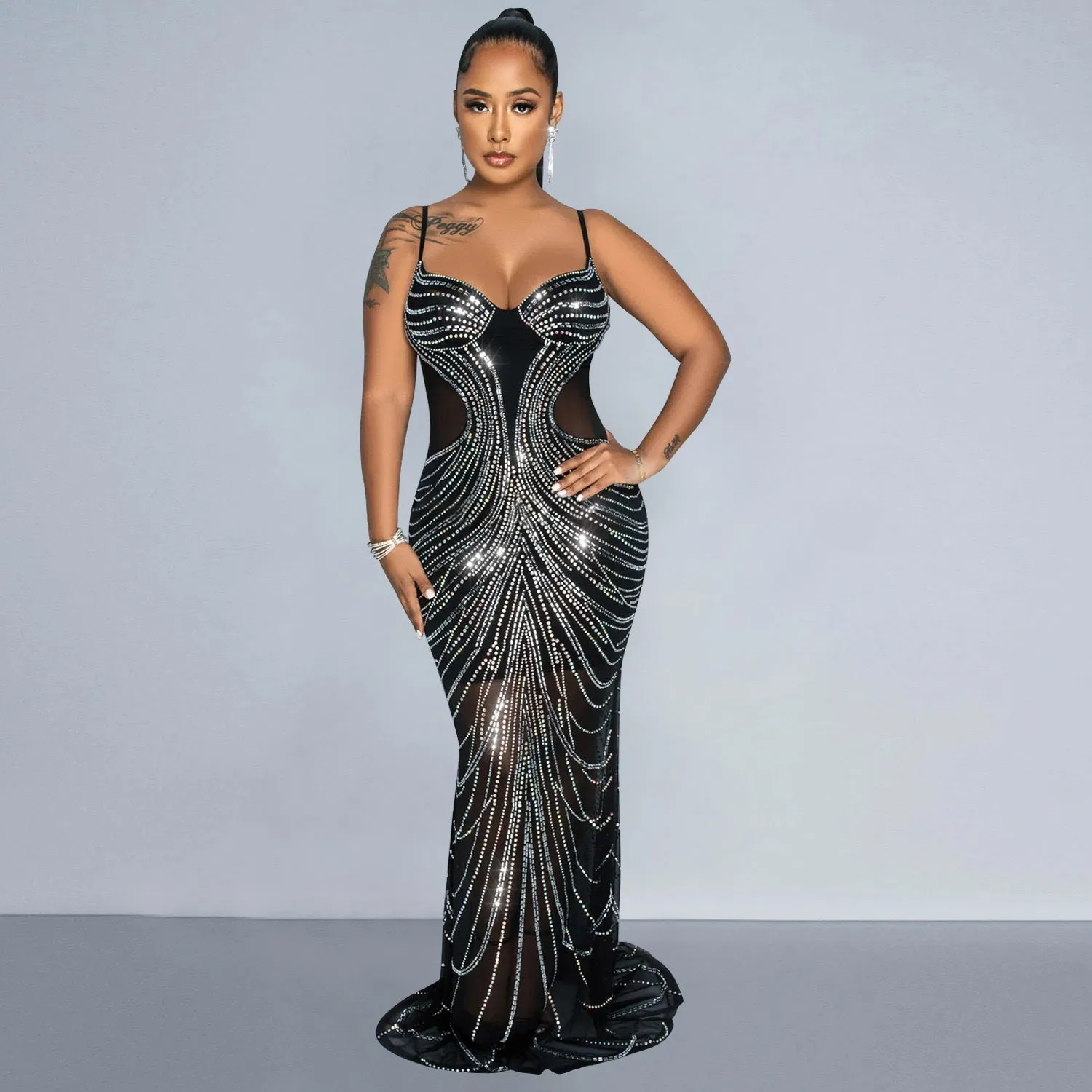 Daring Mesh See-Through Beaded Backless Suspender Bodycon Dress for Club Nights